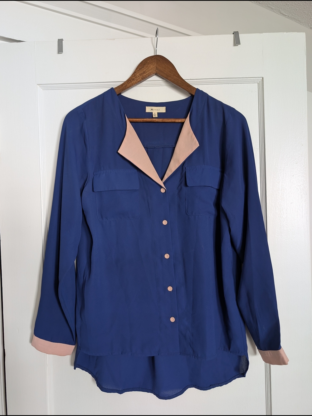 Everly Cerulean Blue Button-Down Blouse with Blush Trim (Size Small)